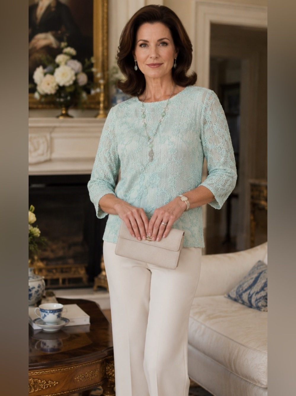 Alfred Dunner Mint sage Green Soutache Floral Mesh Top NWT‎ L
